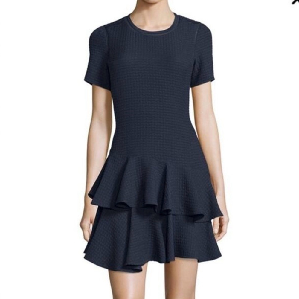Rebecca Taylor Navy Textured Short Sleeve Tiered Peplum Mini Dress